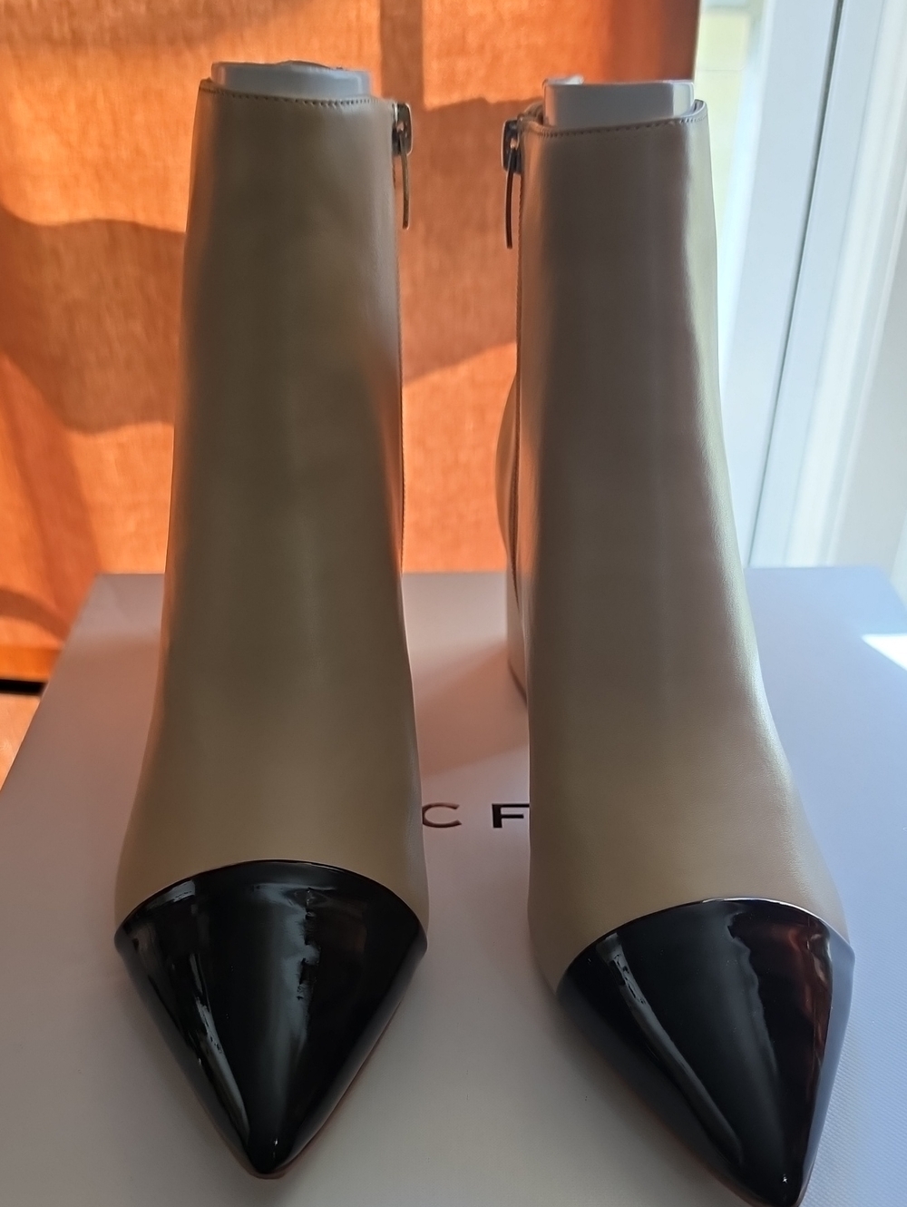 Marc Fisher Two-Tone Cream Ankle Boots with Black Patent Pointed Toes